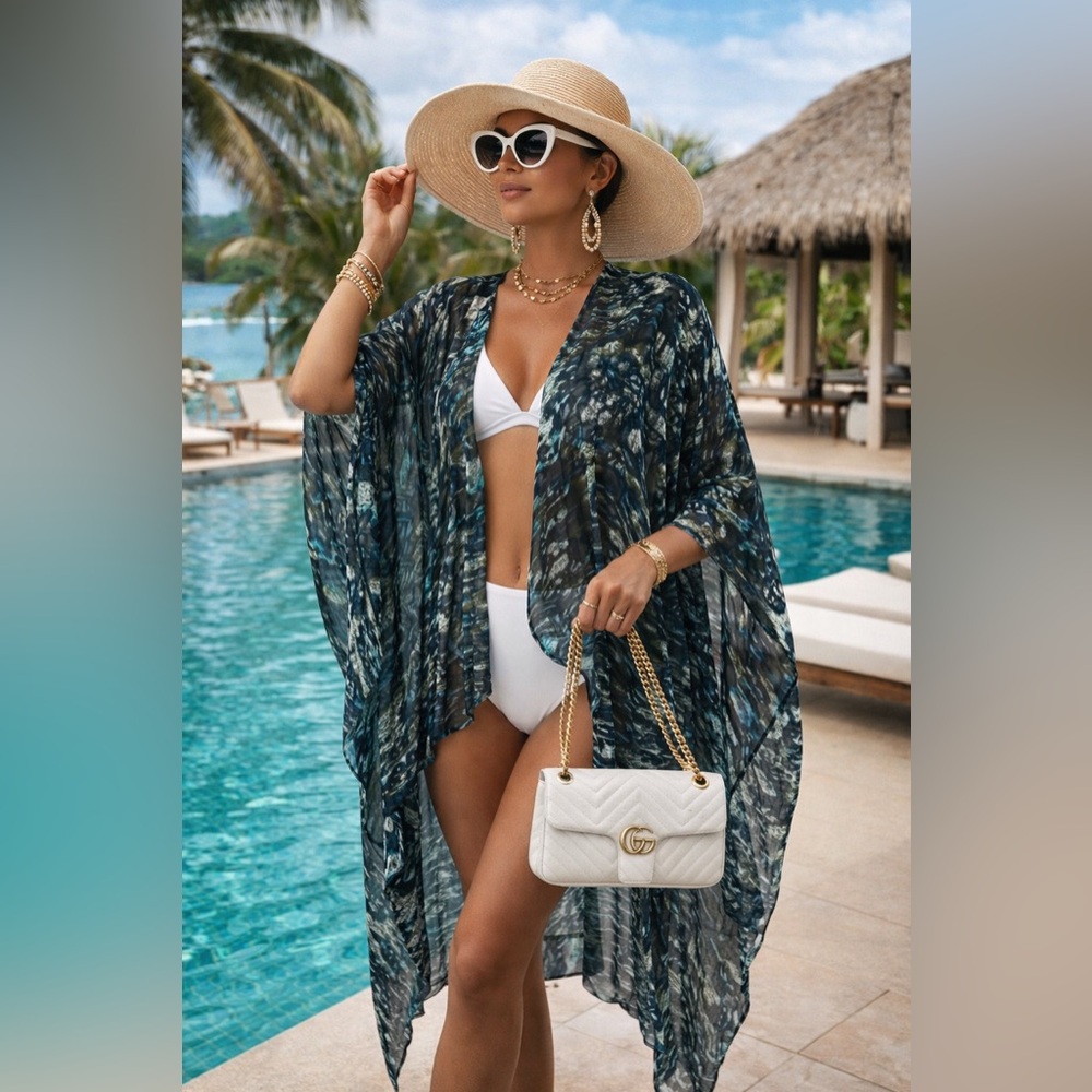 BCBGMAXAZRIA Blue & Green Patterned Sheer Tunic / Cover-Up – OS